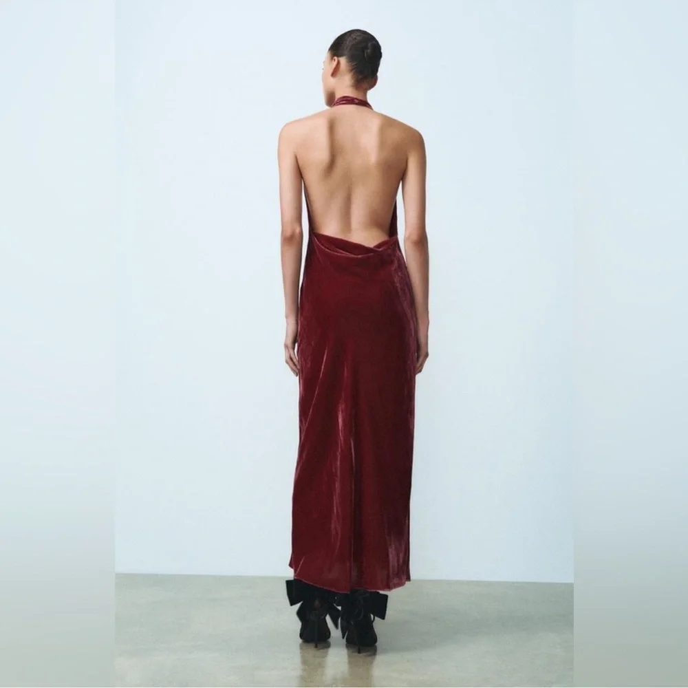 NWOT Zara Raspberry Pink Velvet Maxi Dress Halter Neck Open Back Size XS - Picture 5 of 9